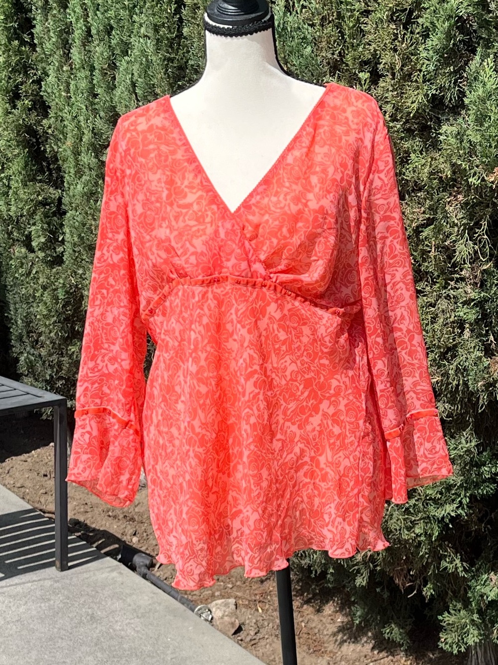 Coral V-Neck Sheer Floral Blouse